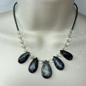 Handmade Beaded Necklace Black and Gray Jasper Natural Stone Teardrop Pendants